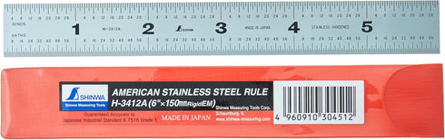 H-3412A 6" 150 mm Rigid English Metric Zero Glare Satin Chrome Stainless Steel E/M Machinist Engineer Ruler/Rule with Graduations in 1/64, 1/32, m...