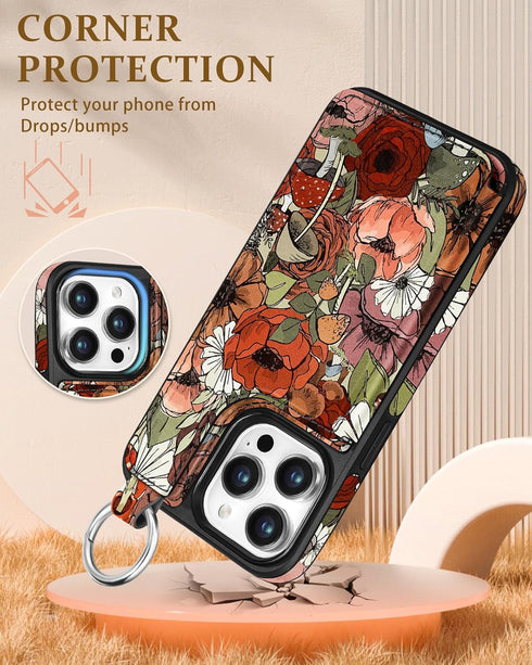 Shorogyt for iPhone 13 Pro Wallet Case with Card Holder, Designer Mushroom Flower Pattern Kickstand Magnetic Clasp Back Flip Folio Leather Phone C...