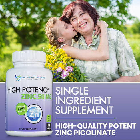 Zinc 50mg - Zinc Picolinate Immune Health Support Supplement 120 Veggie Capsules for Adults and Kids Vitamin, Well-Absorbed High Potency Pure Zinc...