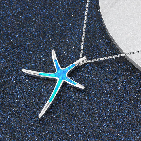 Vessantara Ocean Necklace,Blue Opal Pendant Necklace 925 Silver Sea Turtle Starfish Shark Tortoise Wave Palm Tree Beach Hawaiian Ocean Themed Jewe...
