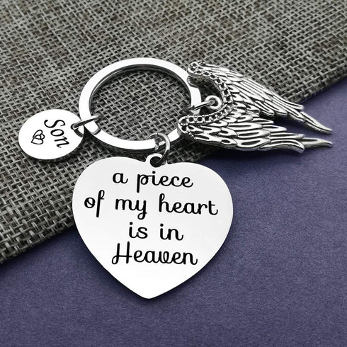 Vadaka Memorial Keychain A Piece of My Heart Is in Heaven Son Memorial Jewelry Gifts Miscarriage Remembrance Gift Loss of Son Keychain Sympathy Gi...