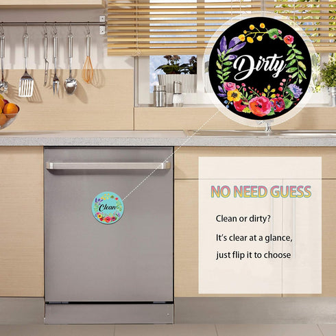 Dishwasher Magnet,Clean Dirty Sign Indicator- Double Sided Magnet with Magnetic Plate, Kitchen Dish Washer Refrigerator Reversible Indicator Flowe...