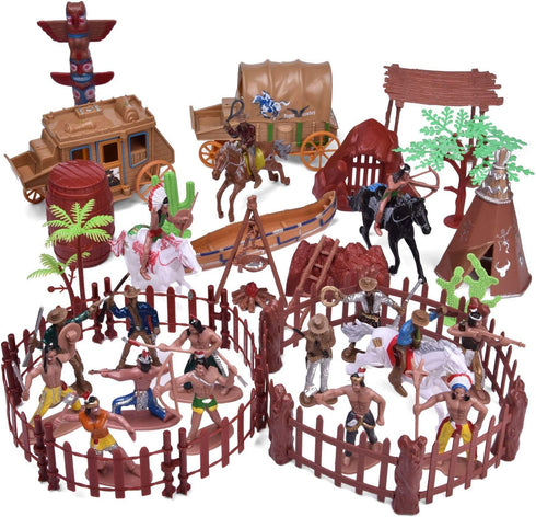 FUN LITTLE TOYS 61 PCs Wild West Cowboys and Indians Plastic Figures Toys, Toy Soldiers for Kids, Wild West Figure Playset with Horse, Tent, Army ...