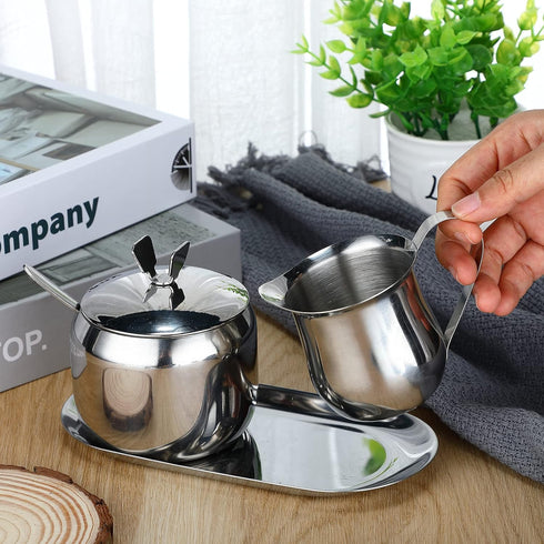 Creamer and Sugar Bowl Set Stainless Steel Latte Milk Cup Cream Jug and Sugar Bowl with Lid Spoon Tray for Coffee Serving Set Frothing Milk...