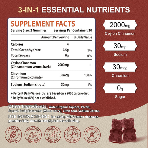 Sugar Free Ceylon Cinnamon Gummies 2000mg, Cinnamon Supplement with Chromium and Cinnamon Bark, Cinnamon Supplement for Joint & Brain Support, Veg...