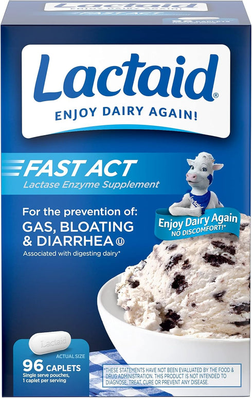 Lactaid Fast Act Lactose Intolerance Caplets with Lactase Enzyme to Prevent Gas, Bloating & Diarrhea Due to Digesting Dairy, Ideal for Travel & On...