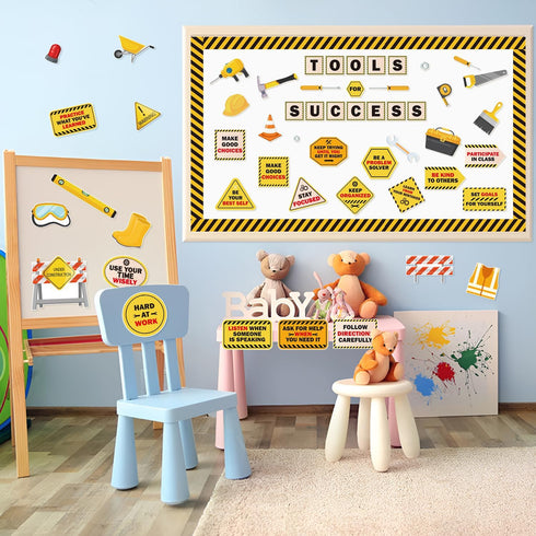 111Pcs Construction Bulletin Board Classroom Decoration Tools for Success Back to School Construction Theme Cutouts Positive Saying Birthday Party...