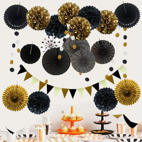 ZERODECO Party Decoration, 21 Pcs Black and Gold Hanging Paper Fans, Pom Poms Flowers, Garlands String Polka Dot and Triangle Bunting Flags for Bi...