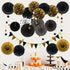 ZERODECO Party Decoration, 21 Pcs Black and Gold Hanging Paper Fans, Pom Poms Flowers, Garlands String Polka Dot and Triangle Bunting Flags for Bi...
