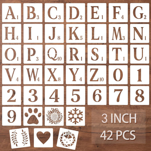 3 Inch Letter Stencils for Painting on Wood, 42 Pcs Alphabet Numbers Stencils for Crafts, Reusable Plastic Lettering Stencil Drawing Templates for...