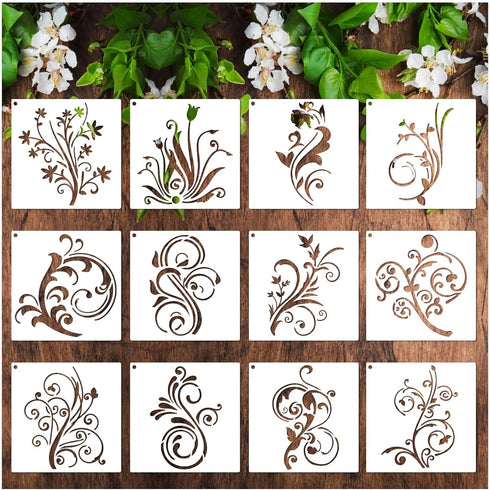 Floral Stencils for Painting on Wood Furniture Wall Reusable Canvas Flower Flourish Swirls Stencil for Crafts Boho Art Projects Drawing Card Makin...