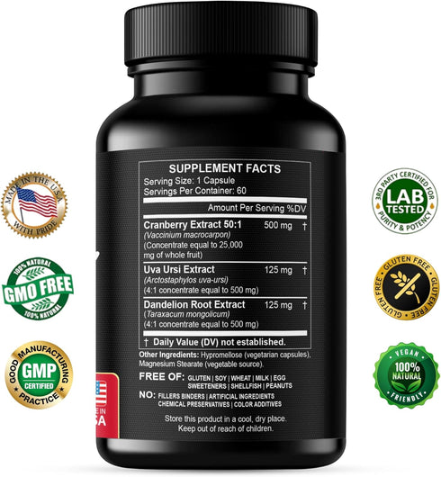 Cranberry Extract Pills - Super Strength 50:1 Whole Fruit Concentrate Equals to 25,000mg of Fresh Cranberries Plus Dandelion & Uva Ursi - Natural ...