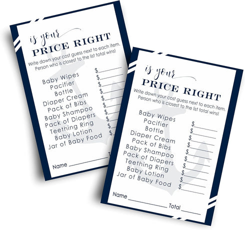 Paper Clever Party Anchor Baby Shower Games for Boys - 25 Cards - Guess The Price is Right - Nautical Themed Baby Shower Activities for Guests - 4...