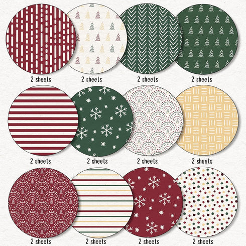 Whaline 24Pcs Boho Christmas Pattern Paper Red Green Scrapbook Specialty Paper Christmas Tree Snowflake Double Sided Craft Paper For DIY Card Maki...