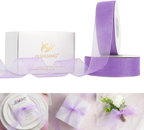 HUIHUANG Organza Ribbon 1 inch Purple Sheer Chiffon Ribbon for Cake Boxes Wedding Invitations Gift Wrapping Floral Bouquet Gift Basket Bows DIY Cr...