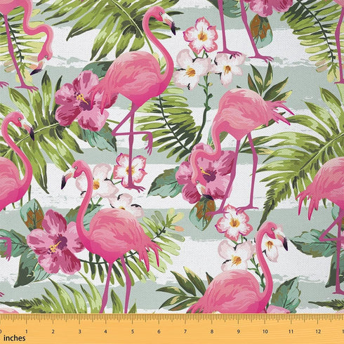 Flamingo Fabric by The Yard, Palm Tree Upholstery Fabric, Floral Leaves Decor Fabric, Blue White Stripes Indoor Outdoor Fabric, Wildlife Botanical...