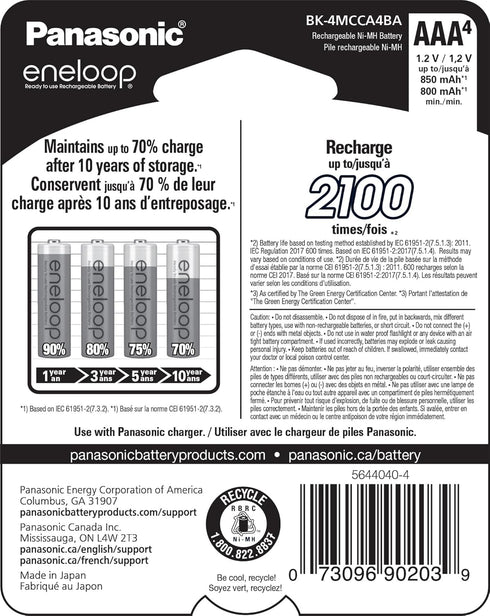 Eneloop Panasonic BK-4MCCA4BA AAA 2100 Cycle Ni-MH Pre-Charged Rechargeable Batteries, 4-Battery Pack...