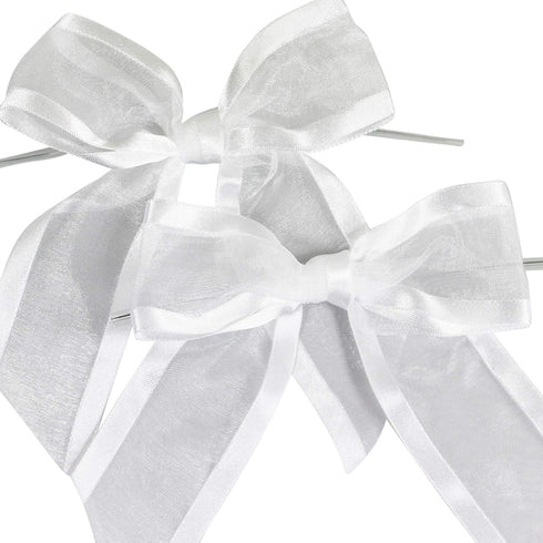 White Pre-Tied Organza Bows with Twist Ties. Pack of 12 Satin-Edged Fabric Bows Made of 1-1/2" Ribbon. Bow Measures 4" Wide (12, White)...