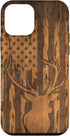 iPhone 12 mini Deer Buck with Flag on Wood-like Background Case...