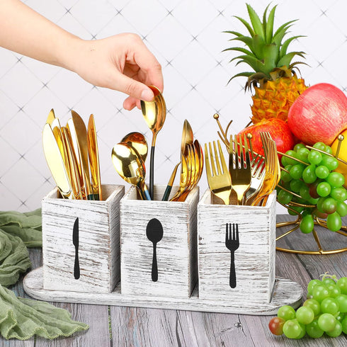 Kathfly 4 Pcs Silverware Caddy Utensil Holder for Countertop Silverware Organizer with Wood Tray Spoon Fork Holder for Kitchen Parties(Retro White...
