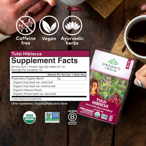 Organic India Tulsi Hibiscus Herbal Tea - Holy Basil, Stress Relieving & Gratifying, Immune Support, Adaptogen, Vegan, USDA Certified Organic, Non...