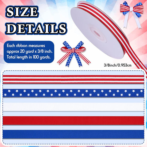 5 Rolls 100 Yards Patriotic Wired Ribbon Red White and Blue Ribbon Star and Striped Grosgrain Ribbon for DIY Craft 4th of July Independence Day Me...