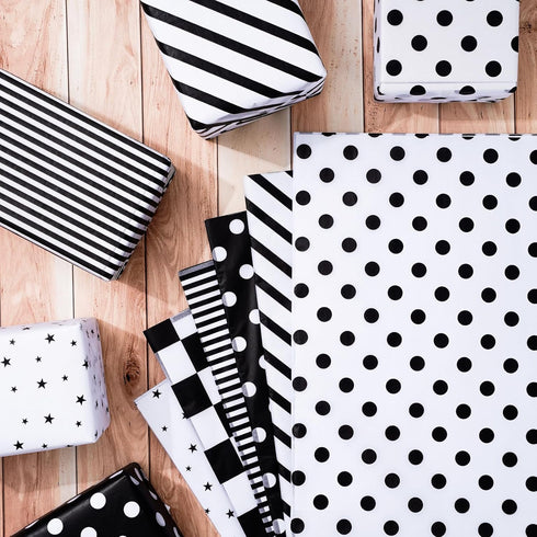 Whaline 120Pcs Black White Tissue Paper Checkered Star Stripes Polka Dots Pattern Wrapping Paper Minimalist DIY Art Craft Paper for Home Wedding B...