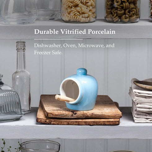 Wm Bartleet & Sons Traditional Porcelain Small Salt Pig with Wooden Salt Serving Spoon - Blue...