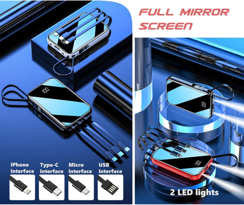 Portable Charger 10000 mAh Power Bank Mini LED Mirror Display Screen Excellent Touch Slim Portable Phone Charger for iPhone 15/14/13/Pro Samsung G...