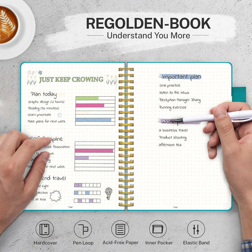 Regolden-Book Spiral Ruled Notebook, Ruled Lined Hardcover Journal for Note Taking (Teal, Dotted)...