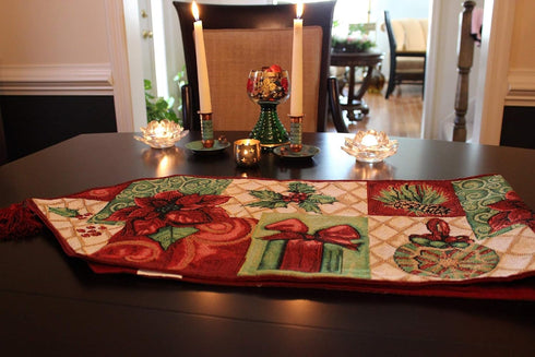 Tache Home Fashion Christmas Green Red Decorative Tapestry Holiday Tidings Poinsettia Table Runners with Tassels, 13 x 90...