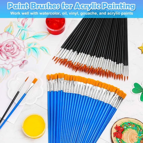 200 Pcs Small Paint Brushes Bulk, Anezus Kids Paint Brushes Detail Fine Brushes with Flat and Round Tip Acrylic Paint Brushes Set for Classroom Wa...