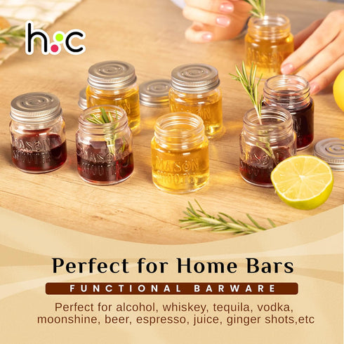 Small Mason Jar Shot Glasses with Lids (8 Pack) Tiny 2 oz Glass Jars with Lids, Ginger & Wellness Mini Shot Bottles, Juice, Tequila, Alcohol, Moon...