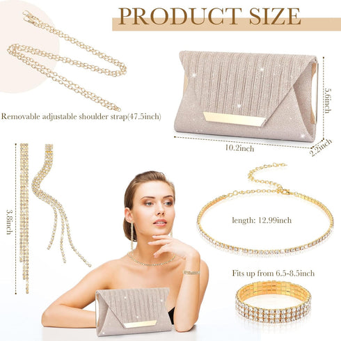 4 Pieces Women Rhinestone Evening Clutch Bag Ear Clip Bridal Wedding Choker Bracelet Dangle Bling Glitter Purse for Party (Golden)...