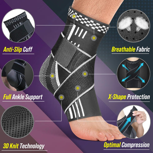 Ankle Brace for Women, Men, Plantar Fasciitis Relief, Achilles Tendonitis Brace for Sprained Foot, Ankle Compression Sleeve with Strap Black M...