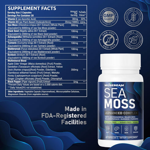 Organic Irish Sea Moss 6000mg - 2000mg Black Seed Oil Ashwagandha Burdock Root Ginger Capsules - Advanced Seamoss Vitamin Multi Mineral Complex Su...