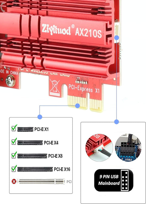 WiFi Card 5400Mbps PCIe WiFi 6E Card, Bluetooth 5.2, Intel WiFi 6E AX210 Chip, Tri-Bands(6GHz/5GHz/2.4GHz) Wireless WiFi 6 Card for PC, Support Wi...