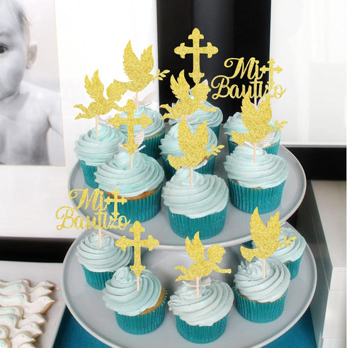 24 Pack Spanish Mi Bautizo Cupcake Toppers with Glitter Cross Angel Dove Baptism Cupcake Picks Decorations for Religious God Bless Theme Baby Show...