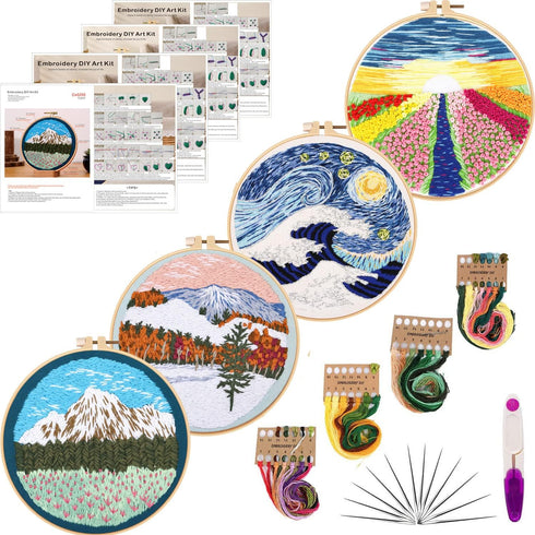 Tcbasrt 4Pack Embroidery Starters Kit with Pattern for Beginners Adults, Cross Stitch Kits Include 2 Embroidery Hoops,4 Embroidery Clothes with Pl...