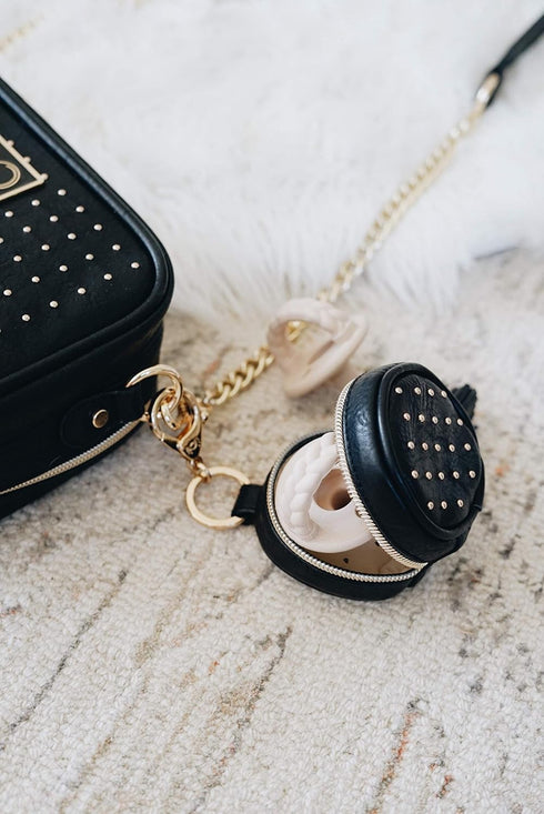 Chelsea + Cole for Itzy Ritzy Studded Pacifier Case with Clip; Pacifier Charm Pod Includes Clasp, Measures 2.5" in Diameter & Holds 2 Pacifiers; B...