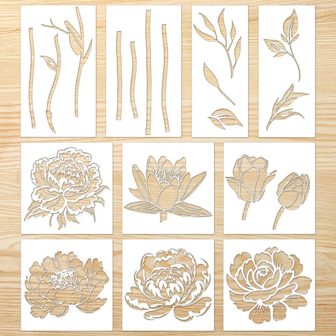 Flower Stencils for Painting Reusable - 10 Pieces Captivating Peony Sunflower Lotus Crafts Stencil for Wall Wood Window Holiday DIY Creative Partn...
