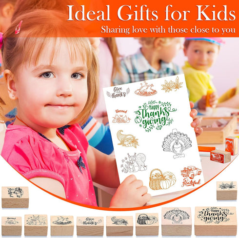 15 Pieces Thanksgiving Wooden Rubber Stamps and Craft Ink Pads Wooden Rubber Stamp for Scrapbooking and DIY Craft Card Stamps Pads for Kids Stamps...