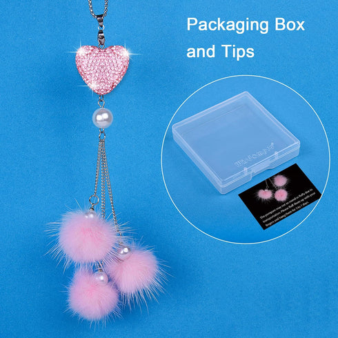 Wisdompro Bling Car Rear View Mirror Hanging Accessories for Women, Rhinestone Diamond Love Heart, Imitation Pearl and Pink Plush Ball Car Rearvie...