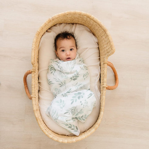 Organic Swaddle Blanket and Hat Set - Boho Baby Receiving Blanket Neutral - Soft Organic Cotton and Bamboo Muslin Swaddle Blanket, Eucalyptus Leav...