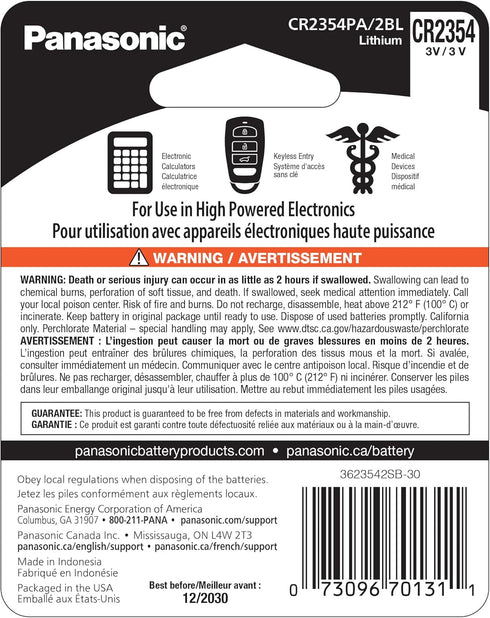 Panasonic CR2354 3.0 Volt Long Lasting Lithium Coin Cell Batteries in Child Resistant, Standards Based Packaging, 2-Battery Pack...