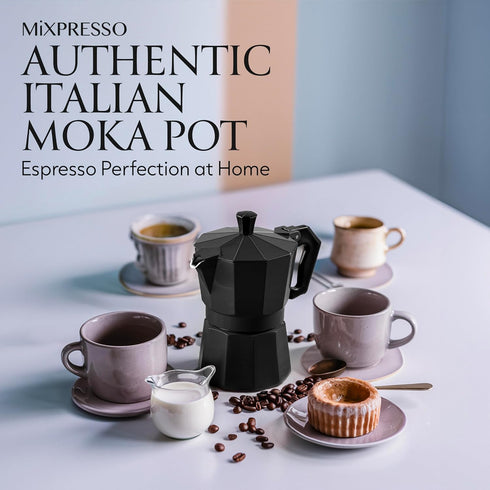 Mixpresso Black 3 Cup Moka Pot Cuban Coffee Maker, Moka Pot for Gas, Electric Stove Top, Classic Italian Coffee Maker, Stovetop Espresso Maker, Ca...