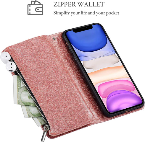 UEEBAI Wallet Case for iPhone 11, PU Leather Wallet Magnetic Closure Handbag Zipper Pocket Kickstand Card Slots with Hand Strap Glitter Flip Case ...