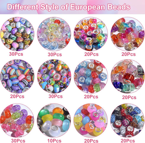 300 Pcs Large Hole Glass Beads for Jewelry Making, European Beads Bulk Mixed Color Spacer Beads with Rhinestones Lampwork Beads for DIY Craft Char...