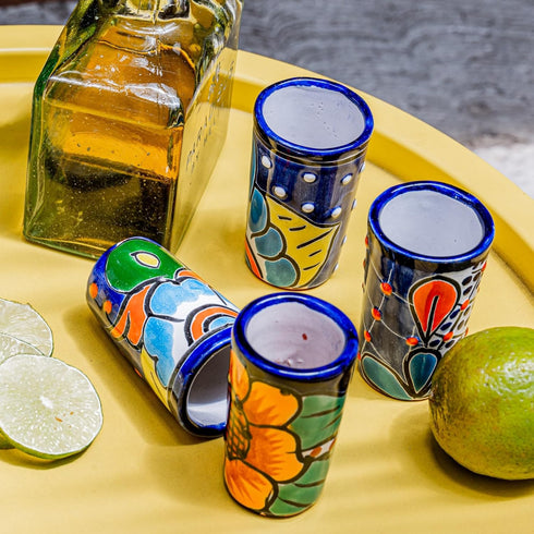 Talavera Shot Glasses Set of 4 Authentic Mexican Tequila Shot Glasses - Hand-painted - 2 Oz (Flowers)...