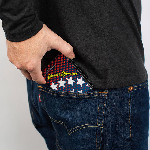 Buckle-Down Men's PU Bifold Wallet-Wonder Woman Stars/Face Halftone Blues/Red/Yellow/White, Multicolor, 4.0" x 3.5"...